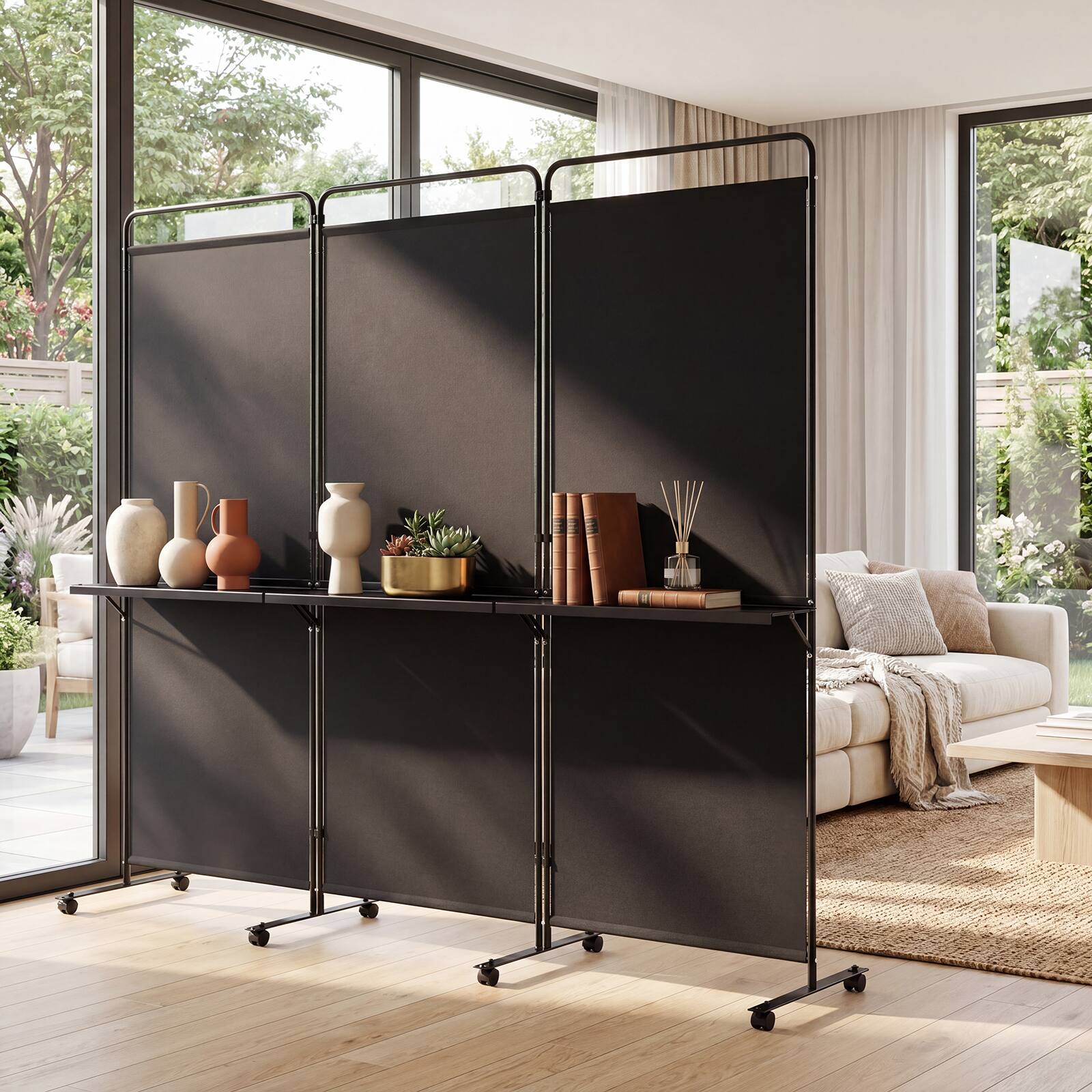 Alt View 1. Costway - Costway 3-Panel Room Divider with Storage Shelves 6FT Tall Folding Privacy Screen on Wheels - Black.