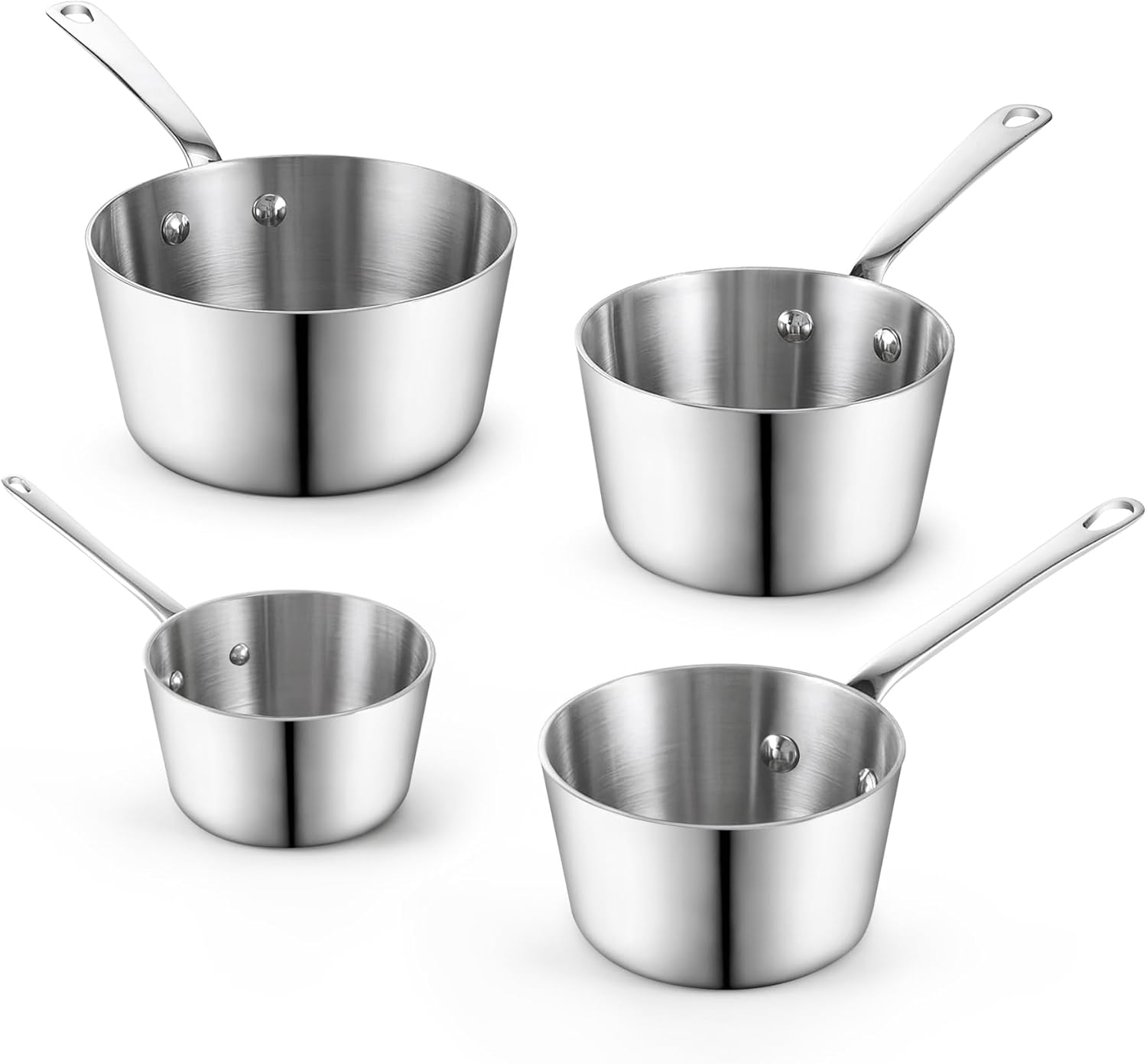 Front. D&M - Multi Ply Clad  Stainless Steel 4pcs Butter Warmer Set Cool Grip Handles, 0.14/0.23/0.39/0.57 Qt - stainless steel.