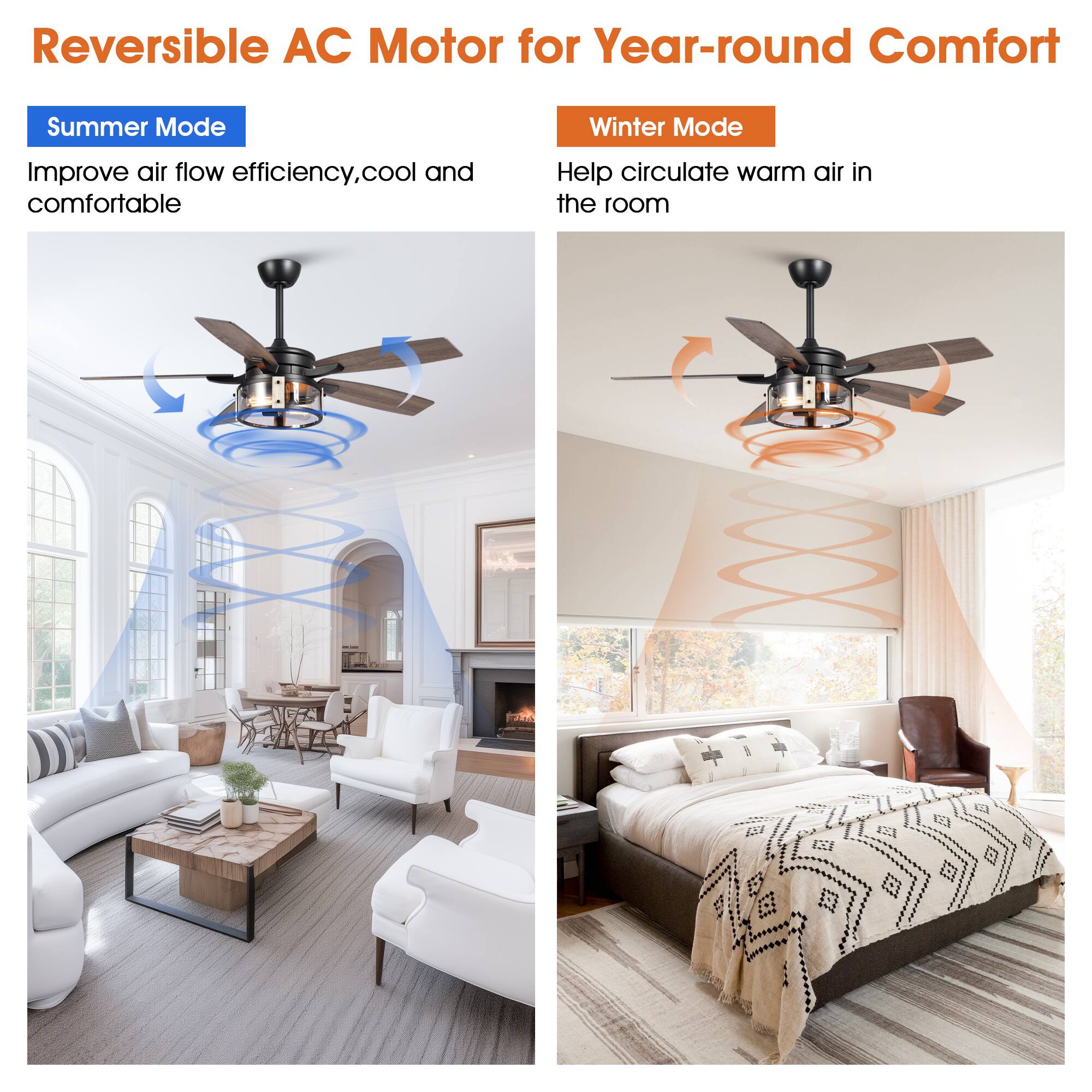 Reversible AC Motor for Year-round Comfort

Summer Mode  
Improve air flow efficiency, cool and comfortable

Winter Mode  
Help circulate warm air in the room