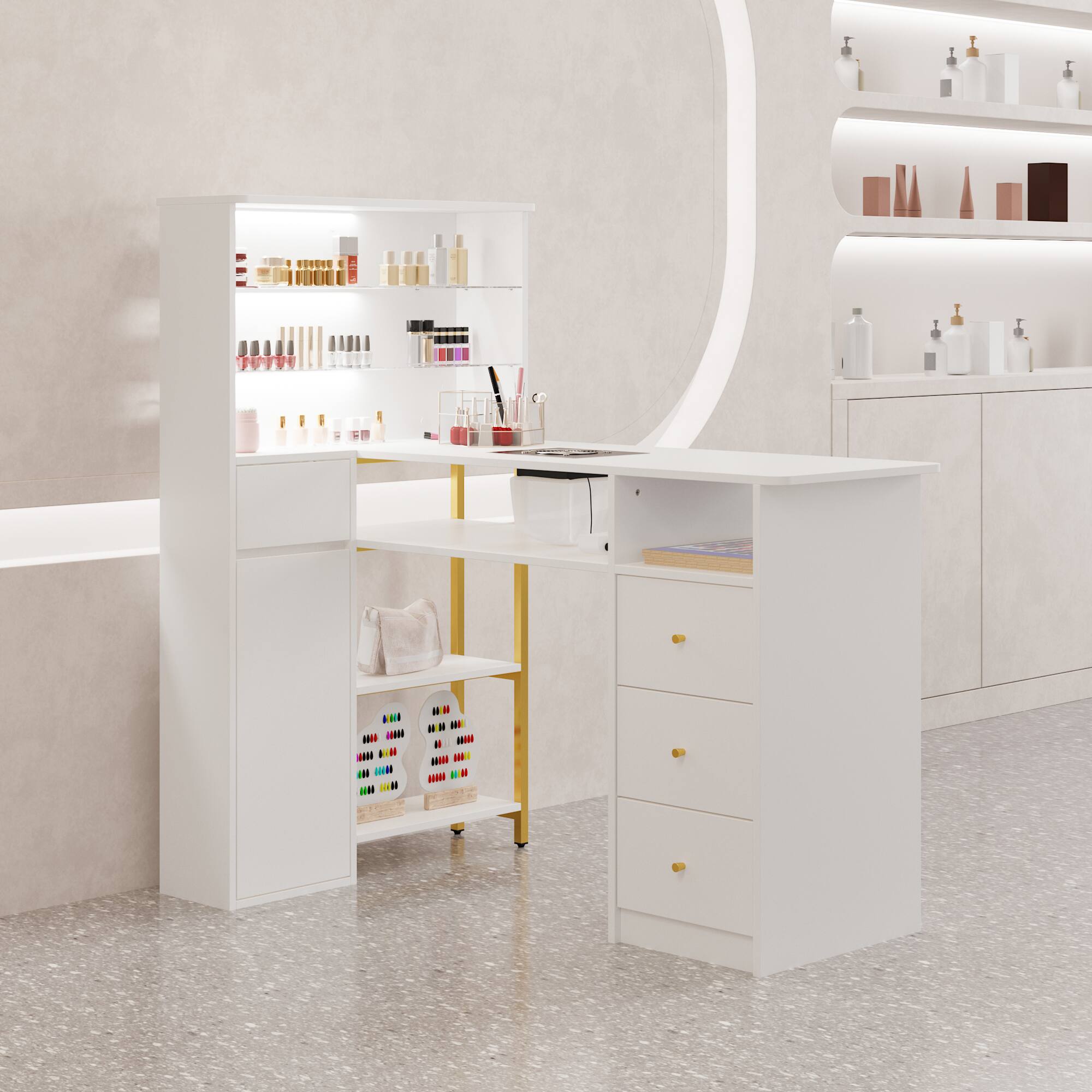Alt View 8. Famapy - Luxury Nail Desk and Makeup Vanity with Storage Drawers Dust Collector Ergonomic Beauty Workstation Table - White.