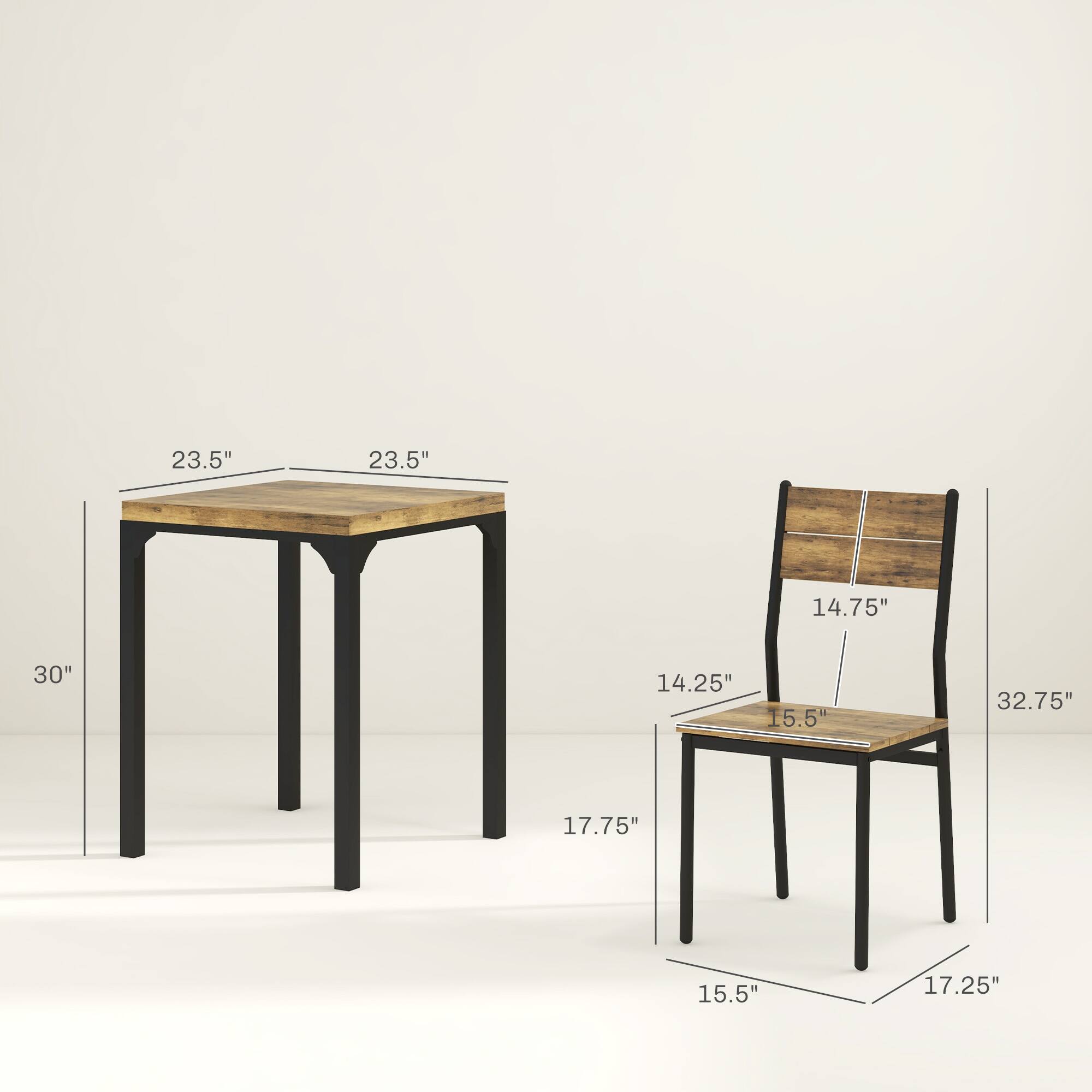 - Table:
  - Width: 23.5"
  - Depth: 23.5"
  - Height: 30"

- Chair:
  - Seat Width: 14.25"
  - Seat Depth: 15.5"
  - Back Height: 32.75"
  - Seat Height: 17.75"
  - Armrest Height: 14.75"
  - Width: 15.5"
  - Depth: 17.25"