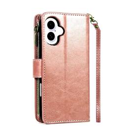 Kitcheniva - PU Leather Phone Wallet Zipper With Tempered Glass For iPhone 16 Plus 6.7" - Rose Gold
