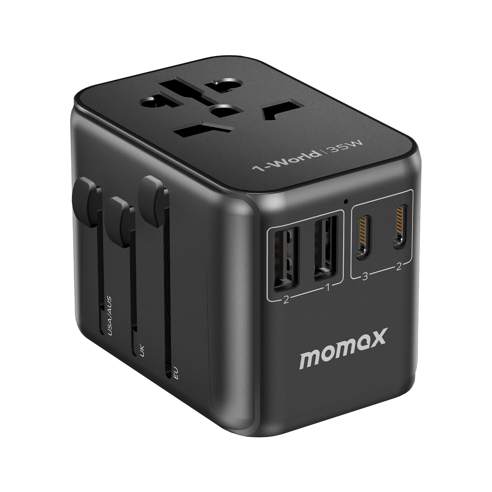 Momax - Universal Travel Adapter, PD35W Fast International Power Adapter, 3 USB C & 2 USB A Worldwide Travel Plug Adapter - Black