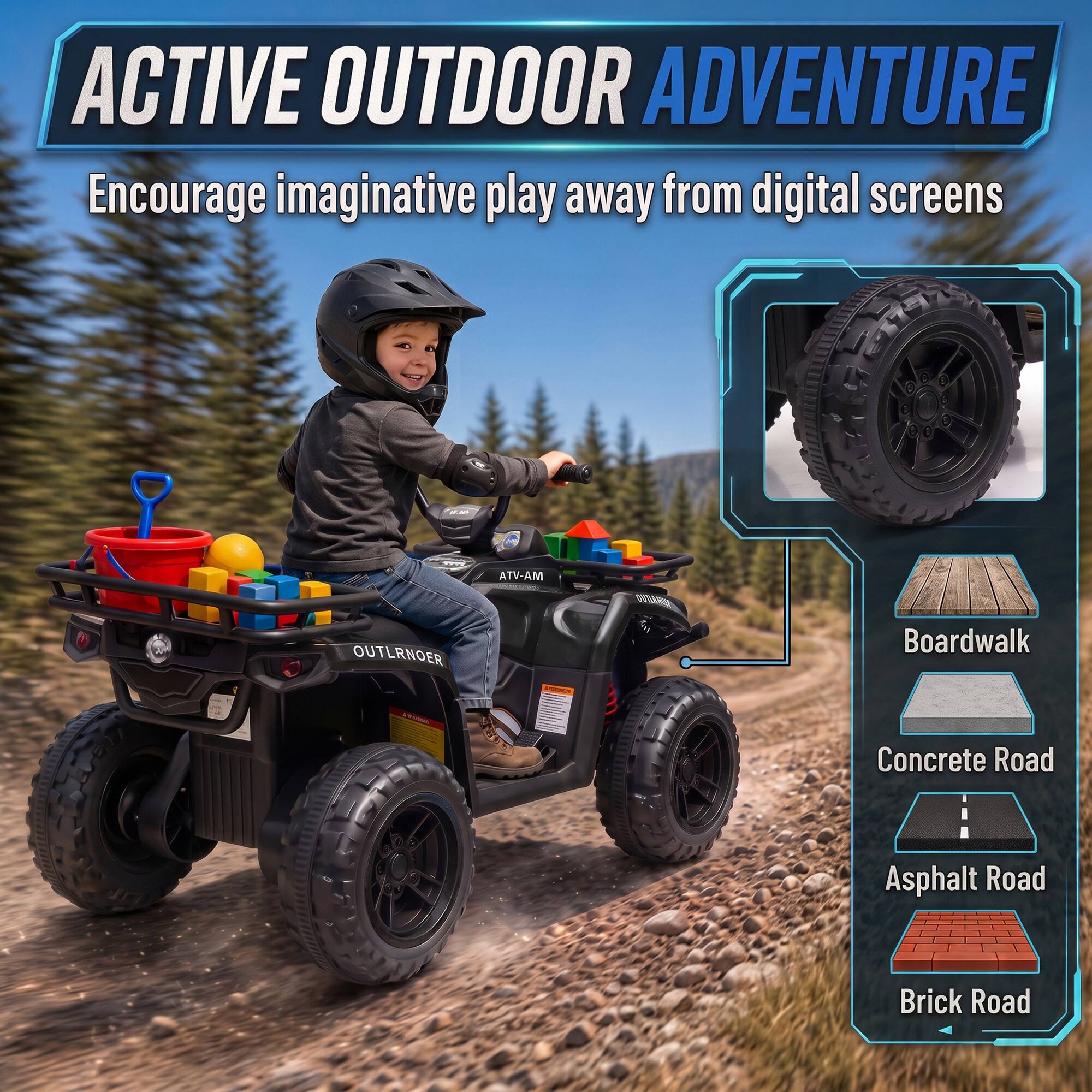 ACTIVE OUTDOOR ADVENTURE  
Encourage imaginative play away from digital screens

W.MS  
MA-VTA  
OUTLRNOER

Boardwalk  
Concrete Road  
Asphalt Road  
Brick Road