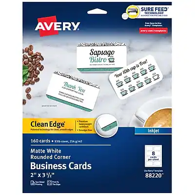 SURE FEED TECHNOLOGY
AVERY
avery.com/templates
Sapsago Bistro is 'Tree!
10th up REs S2
Your Thank 'You
Clean Edge for edges
Premium dree Inkjet
160 cards
93 cover, 254 g/m2
Matte White
Rounded Corner Business Cards
2" X 3 1/2"
8 cards per sheet
the 88220