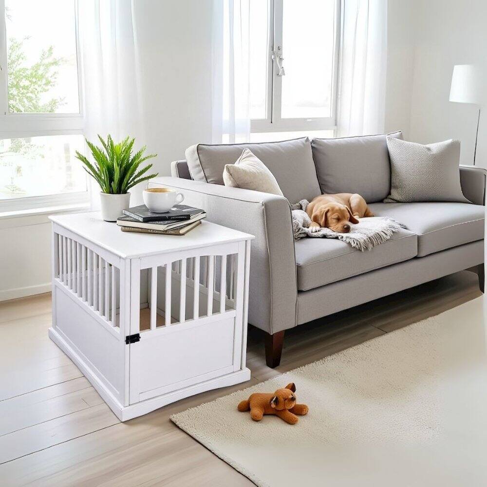 Alt View 3. FurniFact - White Dog Kennel Furniture with Gate, Solid Wood Dog Crate End Table - White.