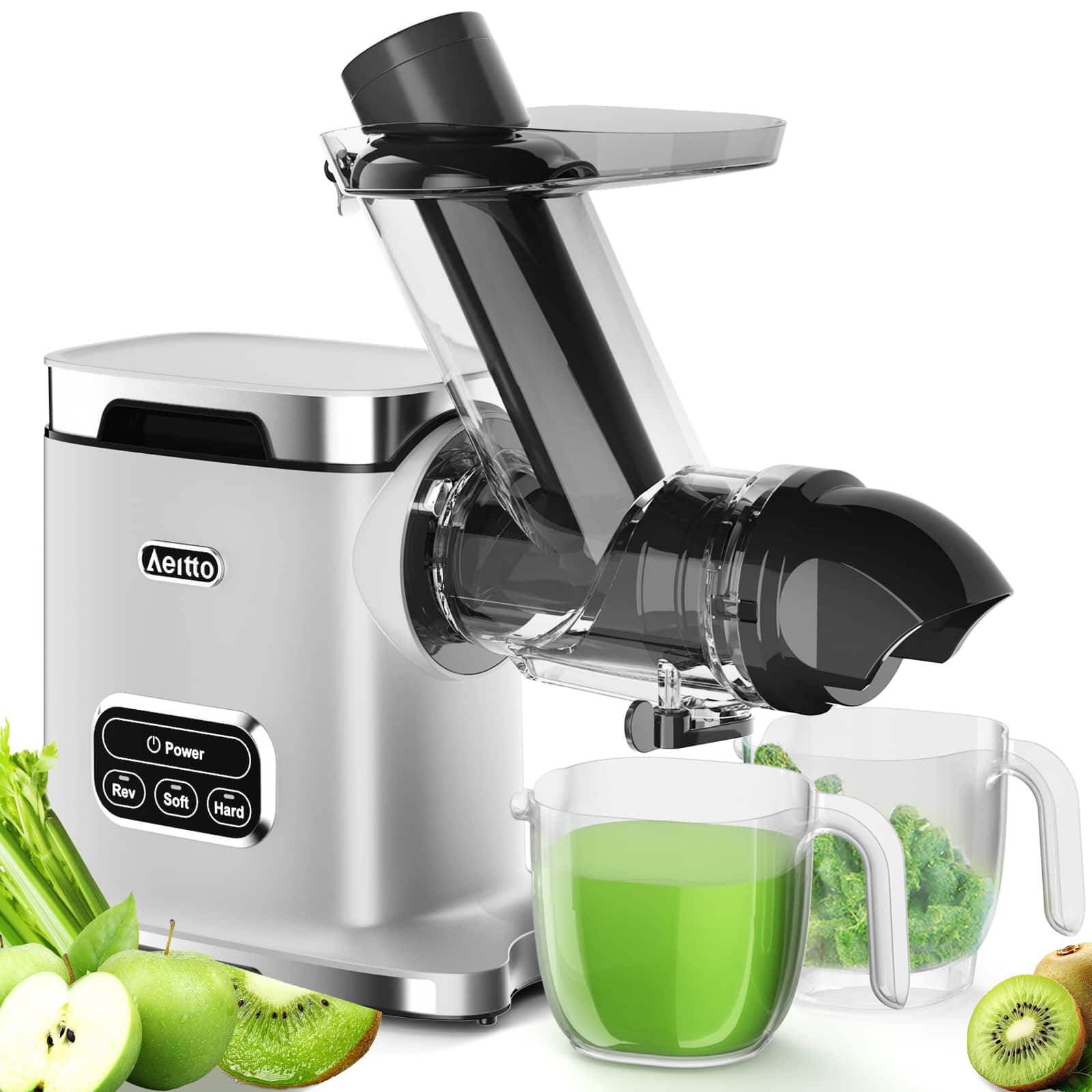 Aeitto - Cold Press Juicer, Juicer Machine 3.6" Wide Chute, Large Capacity, 2 Masticating Modes - Silver