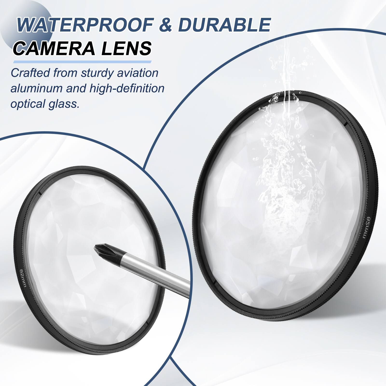 WATERPROOF & DURABLE CAMERA LENS  
Crafted from sturdy aviation aluminum and high-definition optical glass.  
82mm 02mm