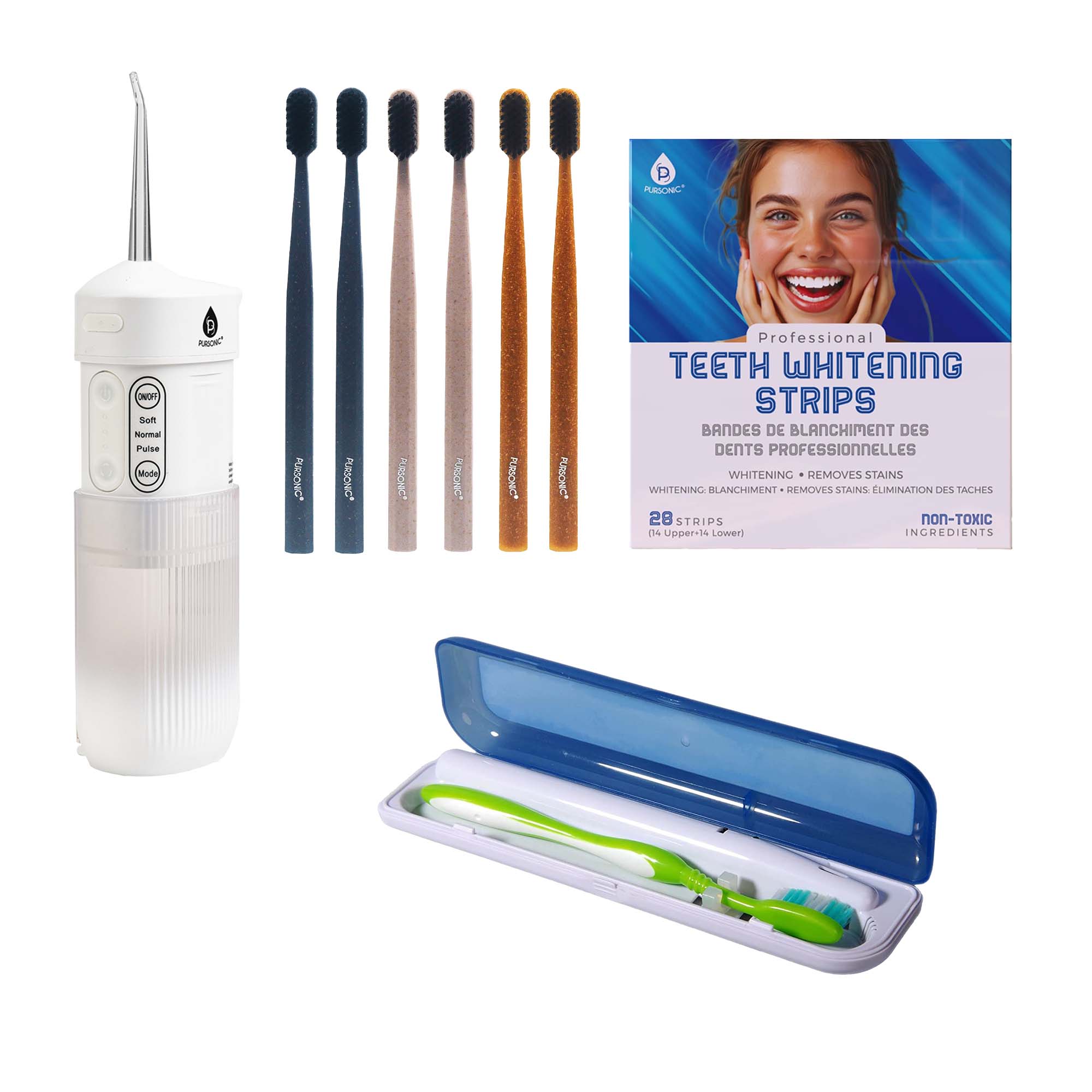 PURSONIC, Professional Teeth Whitening Strips, BANDES DE BLANCHIMENT DES DENTS PROFESSIONNELLES, WHITENING, REMOVES STAINS, WHITENING BLANCHIMENT, REMOVES STAINS, ELIMINATION DES TACHES, 28 STRIPS, non-TOXIC, INGREDIENTS