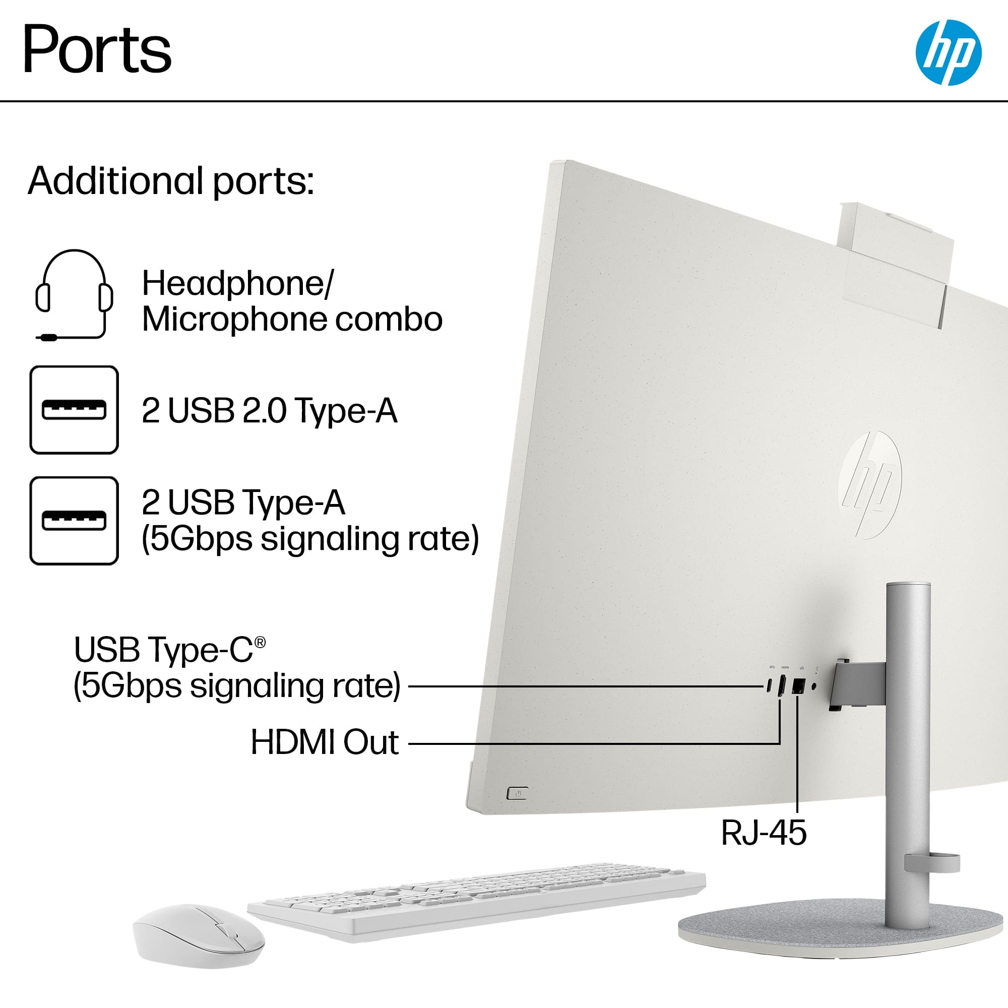 Ports: Additional ports: Headphone/Microphone combo, 2 USB 2.0 Type-A, 2 USB Type-A (5Gbps signaling rate), USB Type-C (5Gbps signaling rate), HDMI Out, RJ-45.