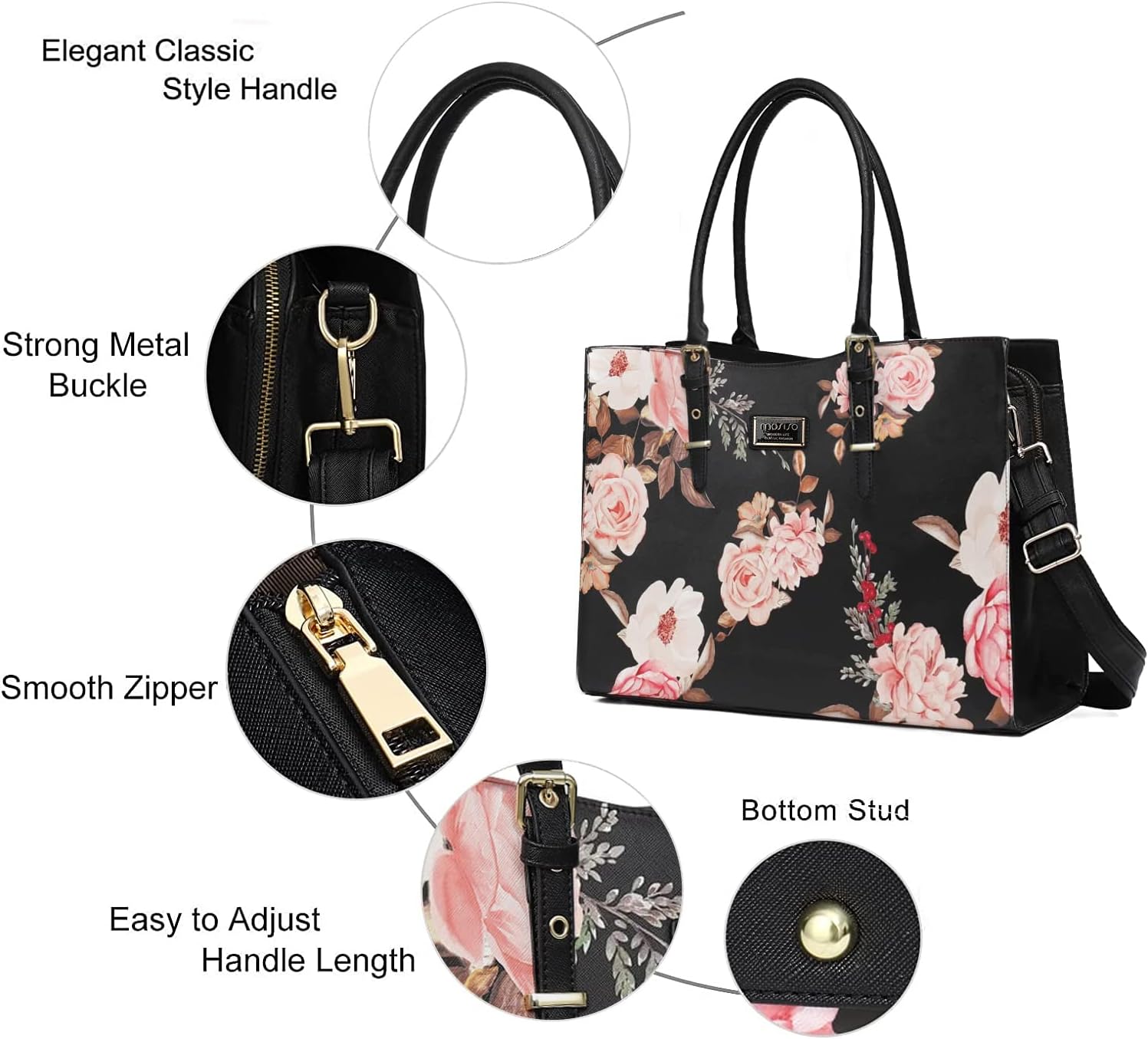 Elegant Classic Style Handle  
Strong Metal Buckle  
Smooth Zipper  
Bottom Stud  
Easy to Adjust Handle Length
