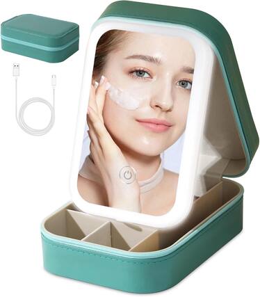 Front. Stamp n Camp - Small Travel LED Makeup Mirror Case with 3 Adjustable Color Light Settings, Dust-Proof Jewelry Box... - Green.