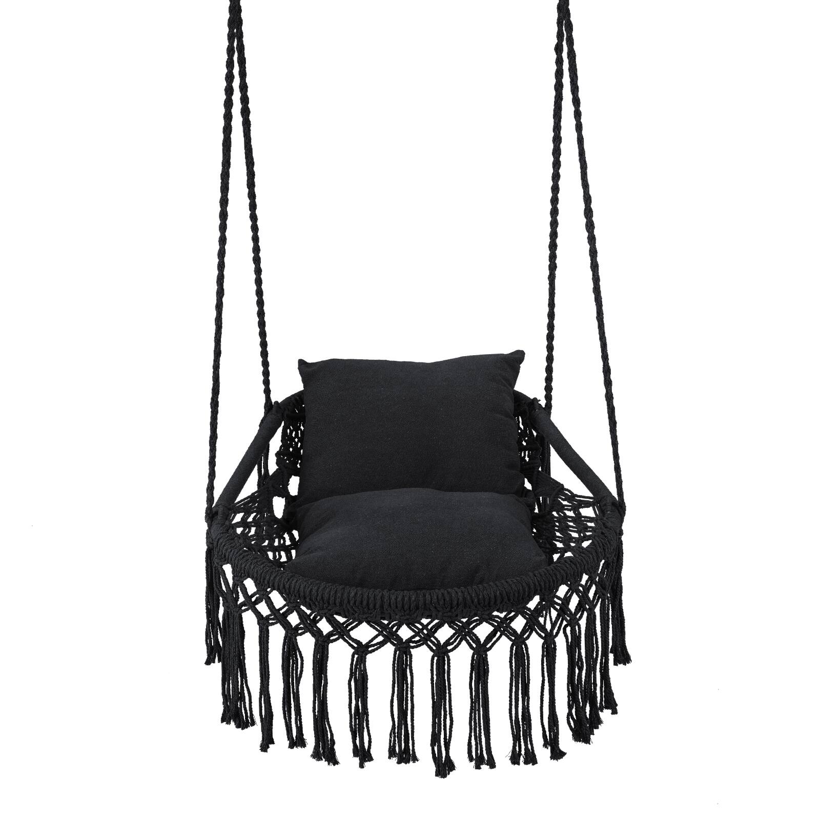 Alt View 9. Costway - Costway Macrame Swing Chair with 2 Removable Cushions, Enduring Polyester Cotton Ropes - Black.