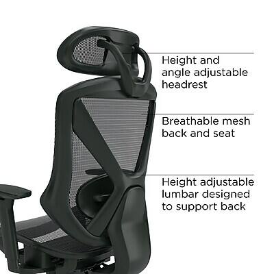 Height and angle adjustable headrest  
Breathable mesh back and seat  
Height adjustable lumbar designed to support back