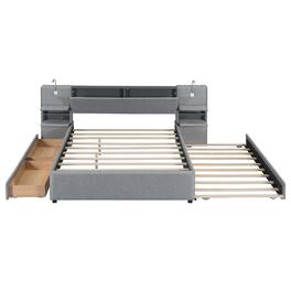 Boyel Living - Queen Size Upholstered Platform Bed with Reading Lights, Drawers, Trundle, and Storage Shelves – - Gray