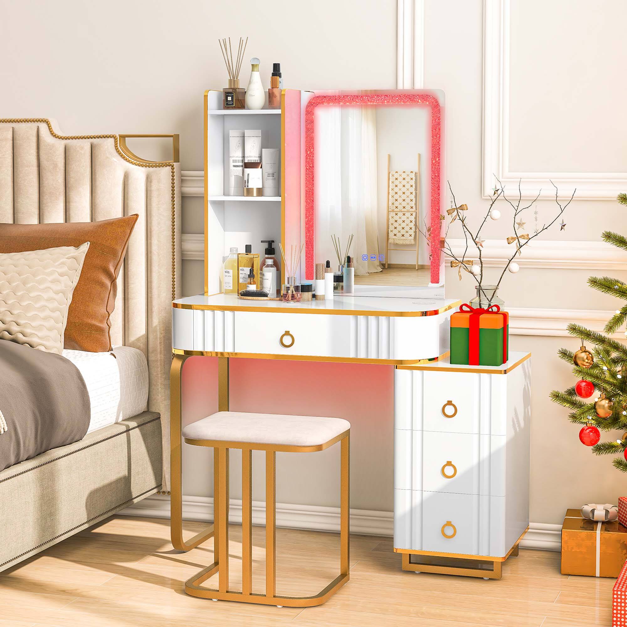 Alt View 3. Costway - Costway Vanity Table Set with RGB LED Lights Crystal Crush Diamond Mirror Drawers - White.