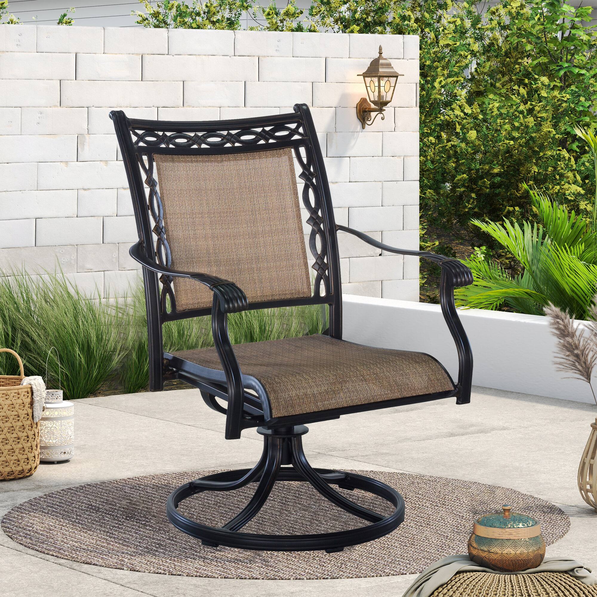 Left. Mondawe - 2-Piece Outdoor Patio Cast Aluminum Swivel Sling Chair - Black+Brown.