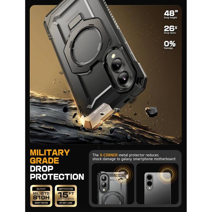 SAMSUNG  
48" Drop height  
26x Drop tests  
0% Damage  

MILITARY GRADE DROP PROTECTION  
MIL-STD 810H  
15 FT DROP PROTECTION  
CERTIFIED BY NET LABS  

The X-CORNER metal protector reduces shock damage to galaxy smartphone motherboard  

MILITARY CERTIFICATION  
MIL-STD 810H  
15 FT DROP PROTECTION  
TESTED BY NET LABS