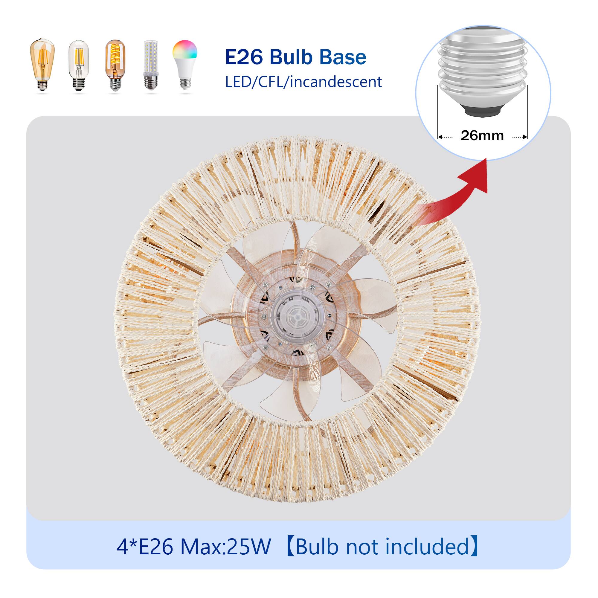 E26 Bulb Base  
LED/CFL/incandescent  
26mm  

4*E26 Max:25W  
[Bulb not included]