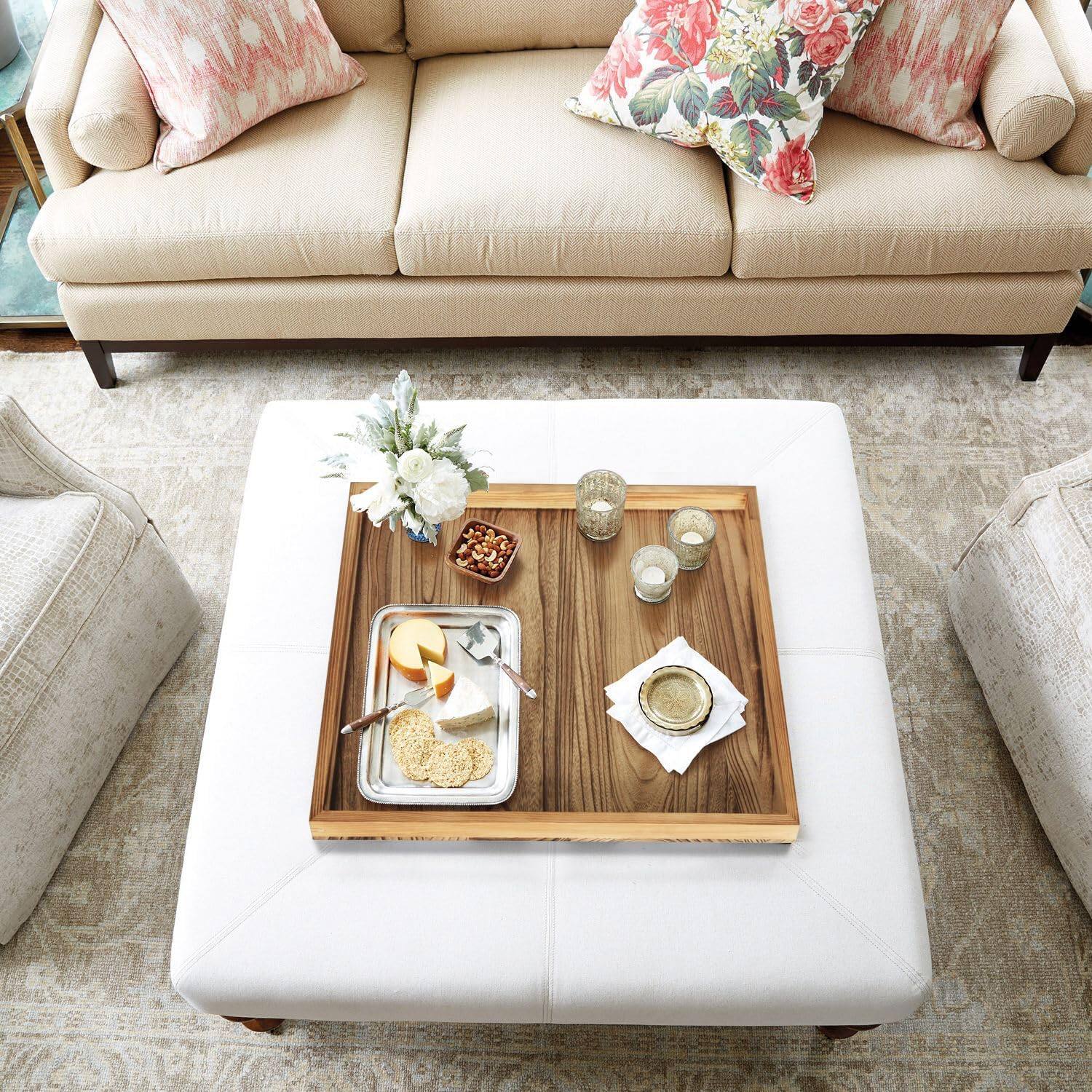 Alt View 2. JETRANSPORT - Square Ottoman Table Tray Rustic Wooden Serving Farmhouse Decorative Oversized Coffee Trays Living Room - Gray 24".