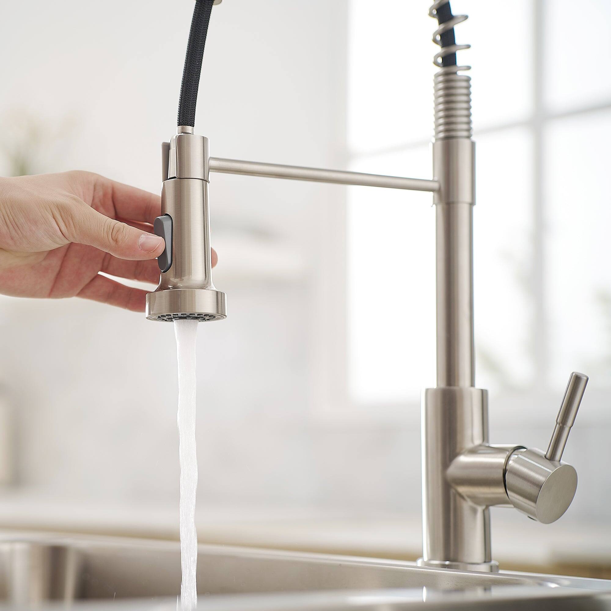 Back. Boyel Living - Brushed Nickel Single Handle Pull Down Sprayer Kitchen Faucet Stainless Steel with Water Supply Hoses - Brushed Nickel.