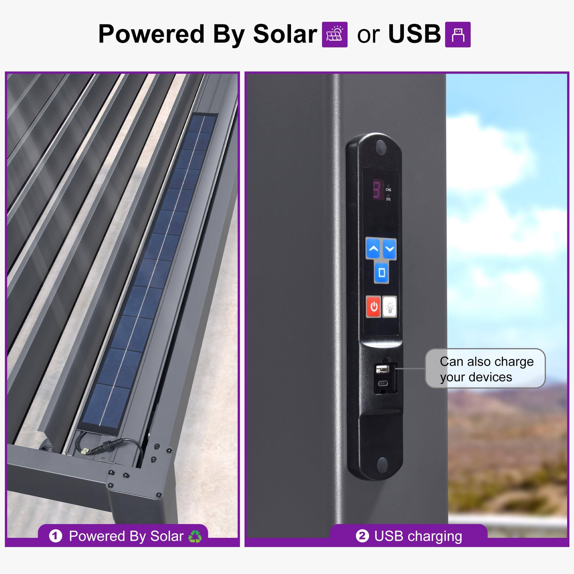 Powered By Solar or USB

1. Powered By Solar
2. USB charging

Can also charge your devices