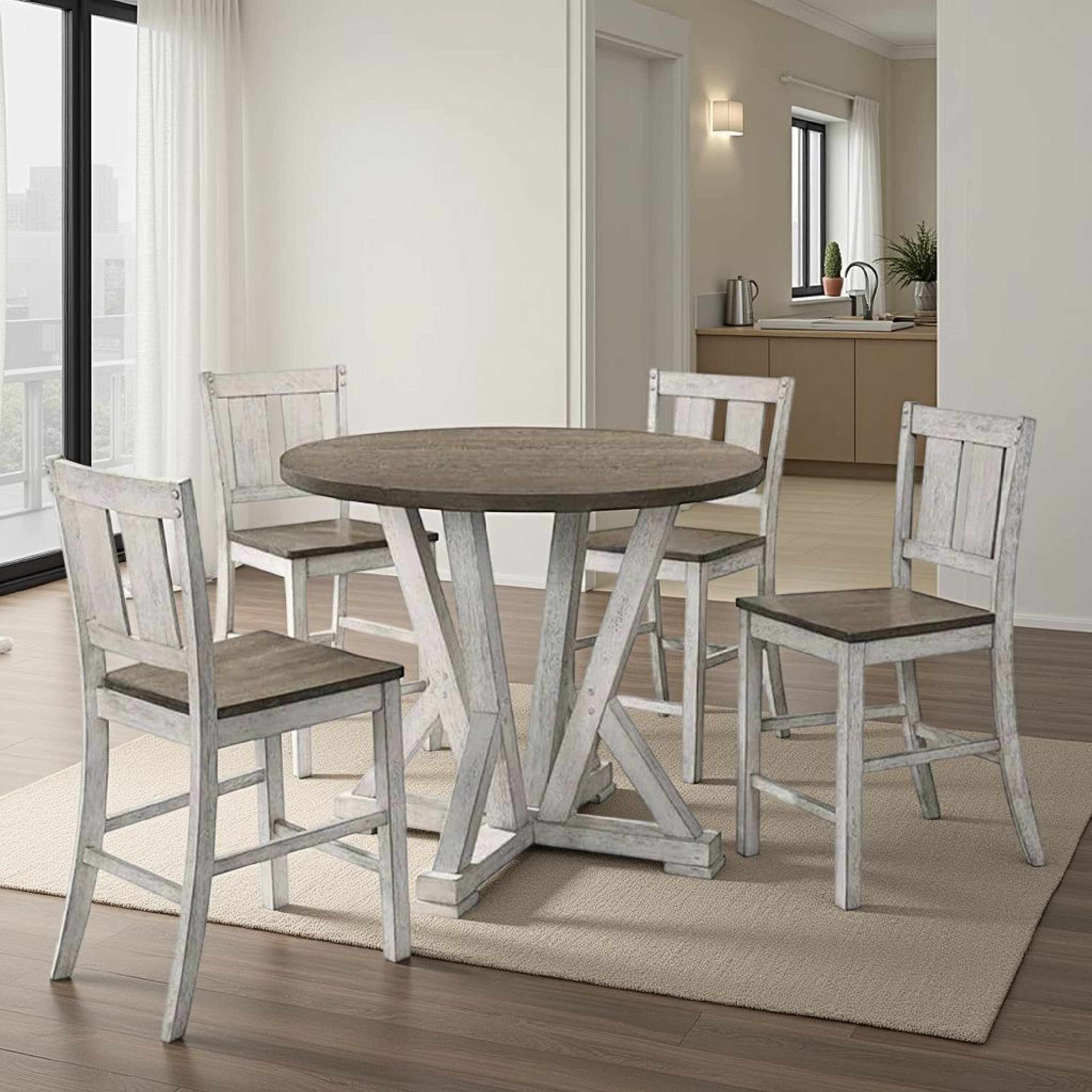 Alt View 5. Manhattan Lane - Koe 5pc Counter Height Round Table, Chair Set, White Brown Solid Wood - White, Ash Brown.
