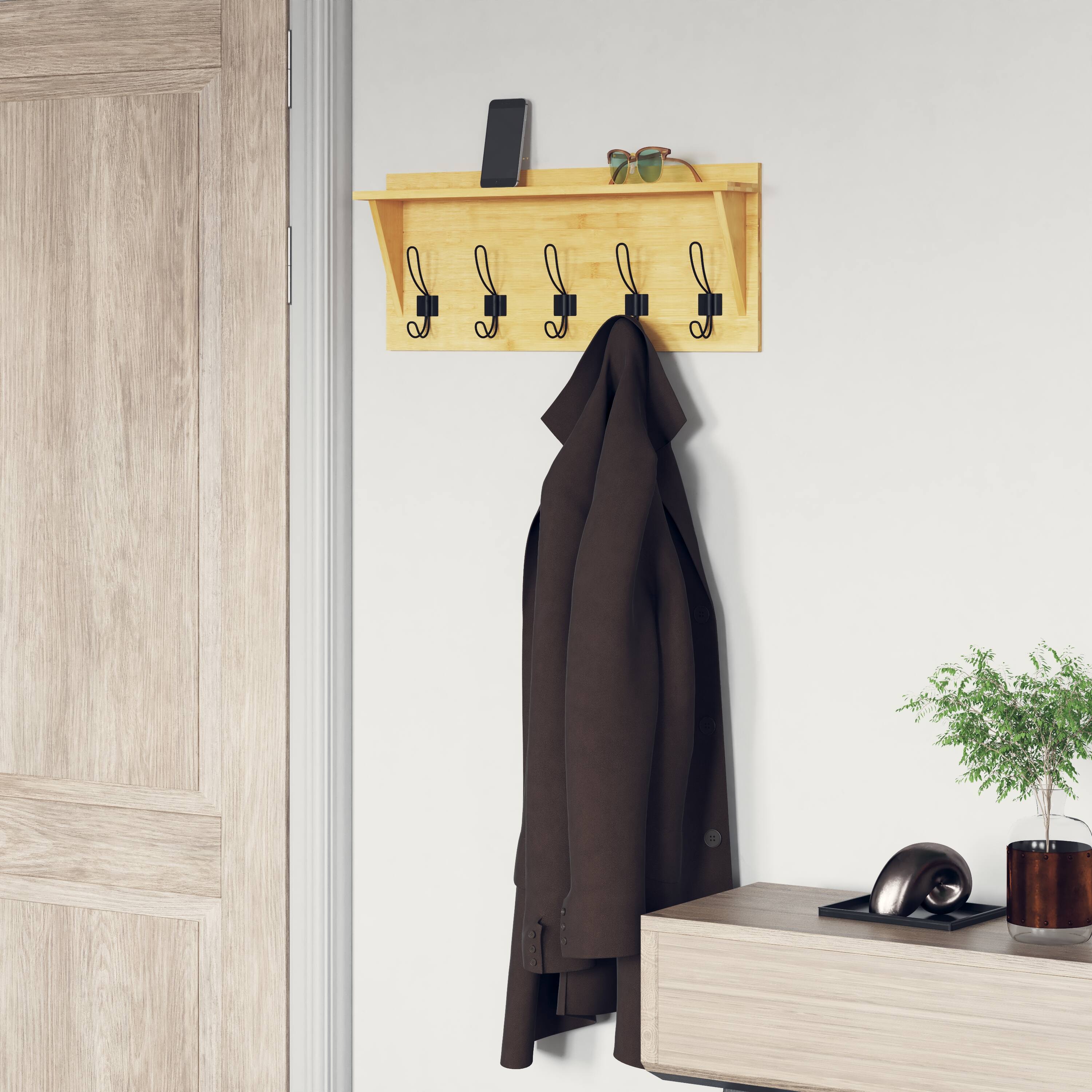 Alt View 1. Emma + Oliver - Alcott Rustic Country Wall Mounted Entryway Shelf with 5 Rustic Hooks and Wood Construction - Bamboo.
