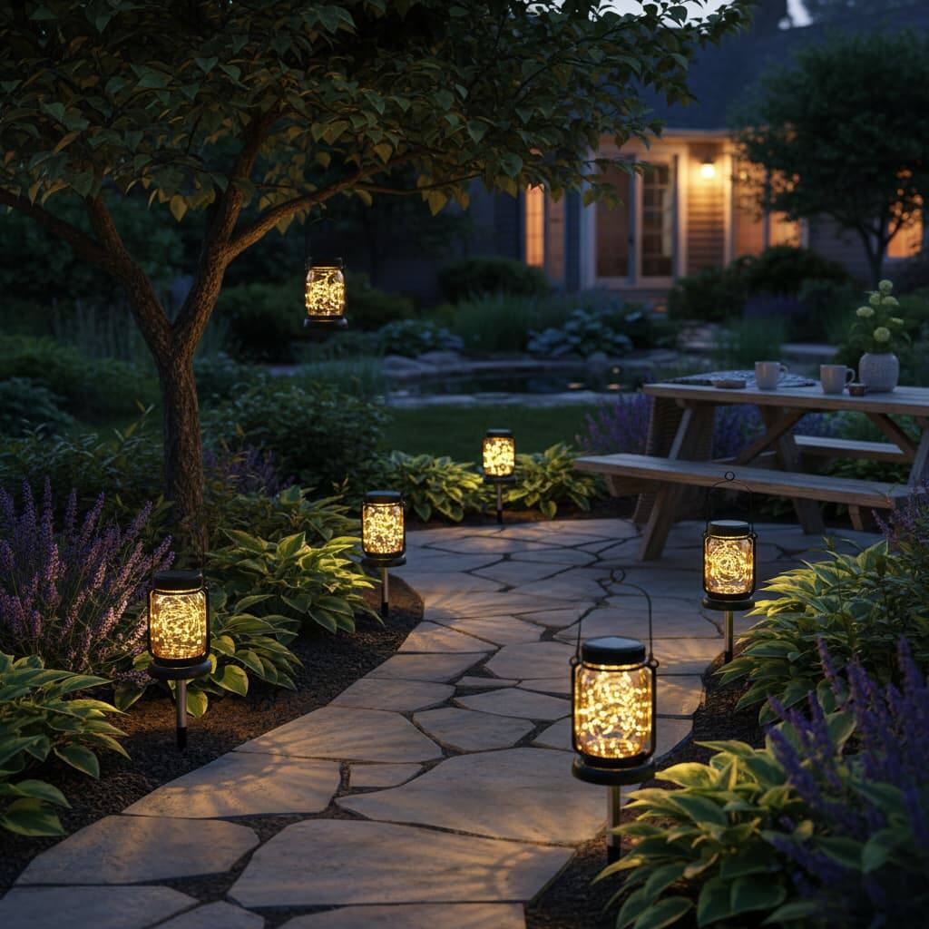 Alt View 3. FINEAK - 18.9" 4 Pack Solar Hanging Mason Jar Lights - 30LED Cool White Waterproof with Stakes - White.