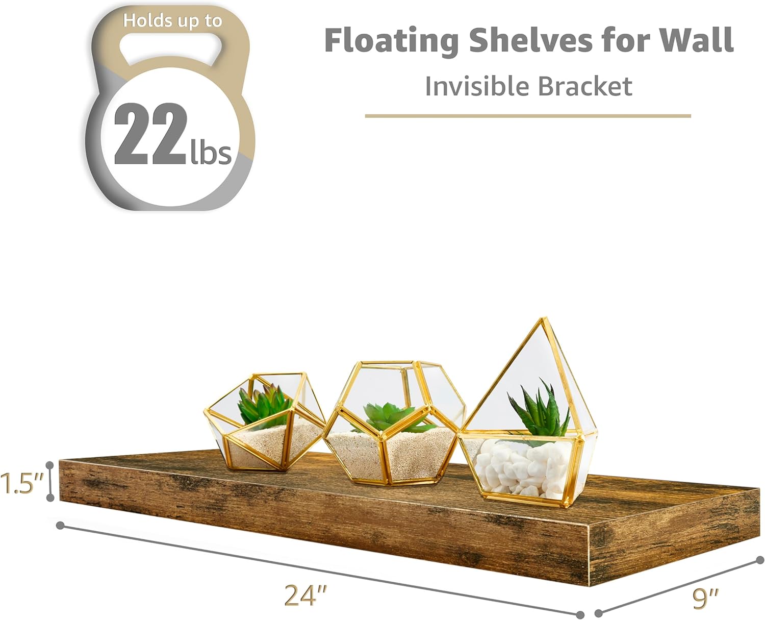 Holds up to 22 lbs, Floating Shelves for Wall, Invisible Bracket, 1.5", 24", 9"