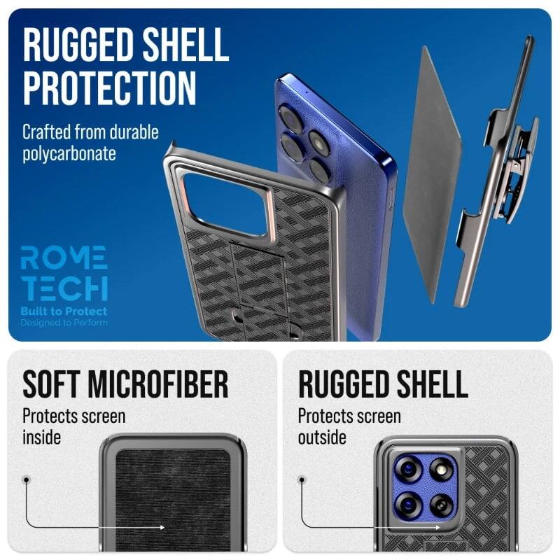 RUGGED SHELL PROTECTION  
Crafted from durable polycarbonate  

SOFT MICROFIBER  
Protects screen inside  

RUGGED SHELL  
Protects screen outside