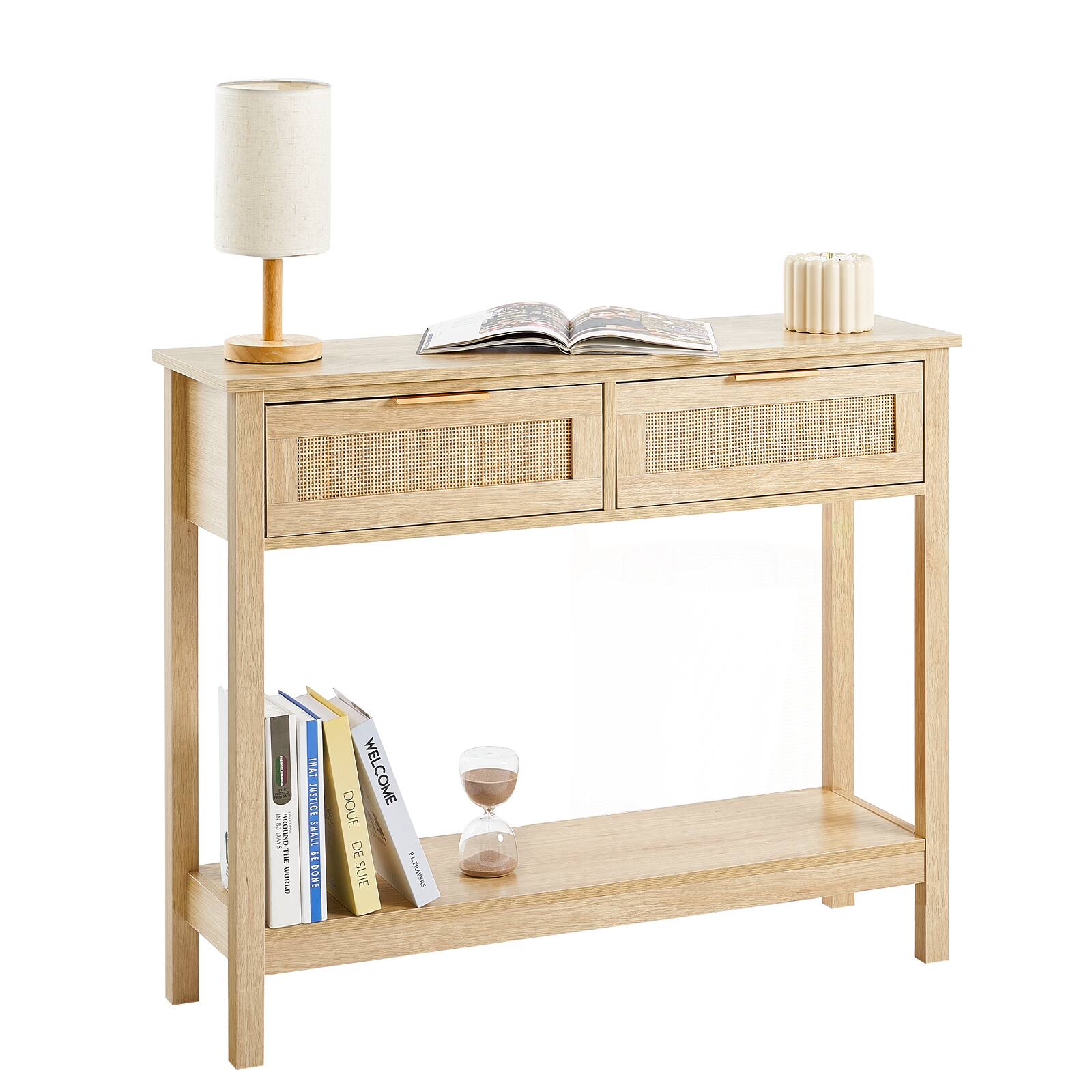 VEVOR - Rattan Console Table with 2 Storage Drawers, Rattan Entryway Table with Natural Rattan Sliding Door, Console Sofa Table - Oak