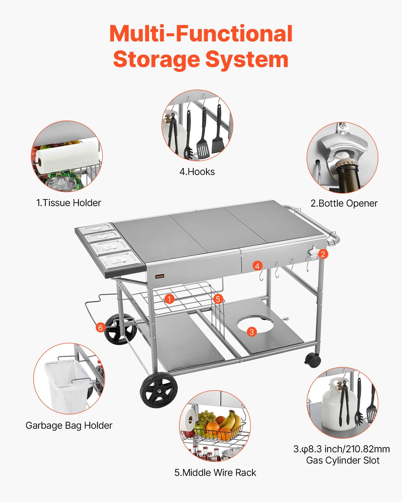 Multi-Functional Storage System

1. Tissue Holder
2. Bottle Opener
3. Garbage Bag Holder
4. Hooks
5. Middle Wire Rack
6. 8.3 inch/210.82mm Gas Cylinder Slot