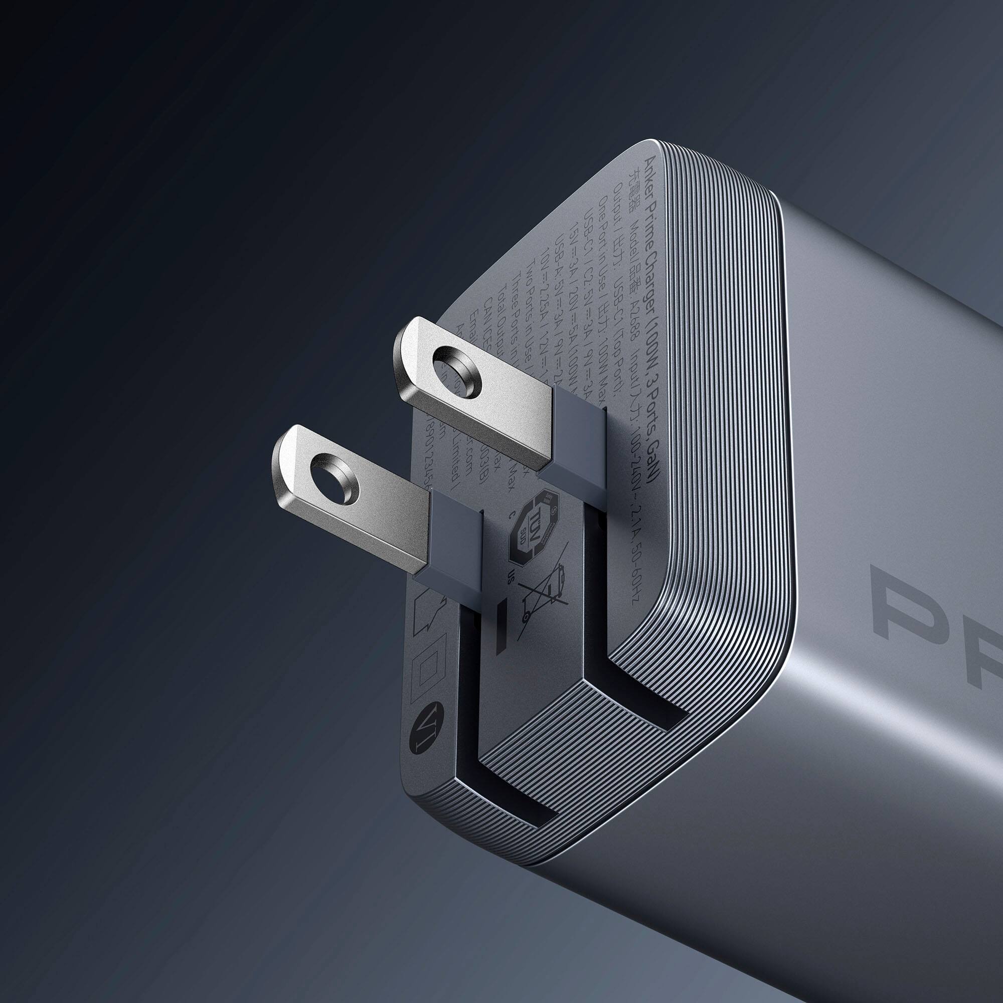 Anker OnePort Prime MA01 AE  
Model: Prime MA01 AE  
Output: 100W  
Ports: 3  
Max Current: 40A  
Voltage: 100-240V  
Frequency: 50-60Hz  
Power Factor: 0.95  
Dimensions: 225x55x20mm  
Weight: 889g  
Made in China  
CE, FCC, RoHS, WEEE  
Input: 100-240V~50/60Hz 2.5A  
Output: USB-C (PD 100W), USB-A (18W), USB-A (18W)  
Total Power: 225W  
GaN Technology  
Limited Warranty: 2 Years