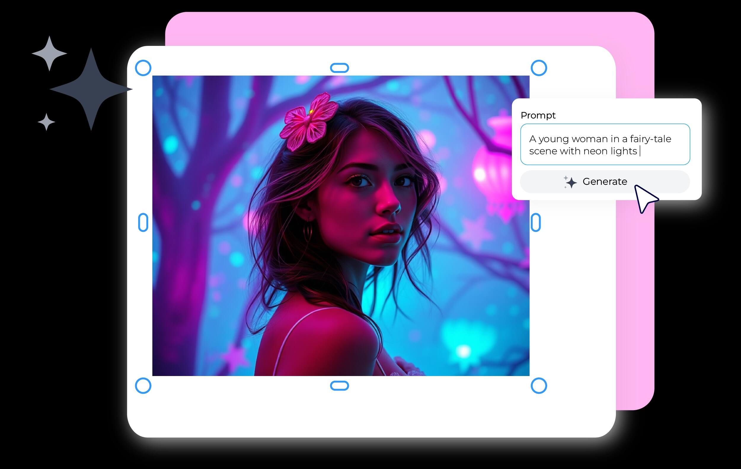 A young woman in a fairy-tale scene with neon lights