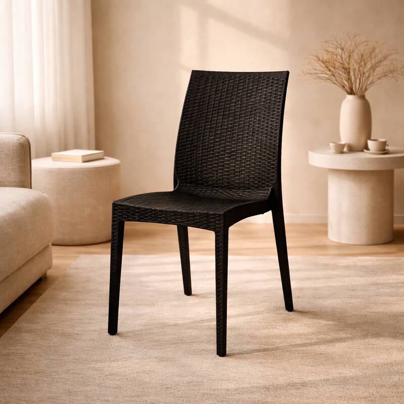 Angle. LeisureMod - Mace Stackable Outdoor Dining Chair - Weather-Resistant Wicker Weave - Black.
