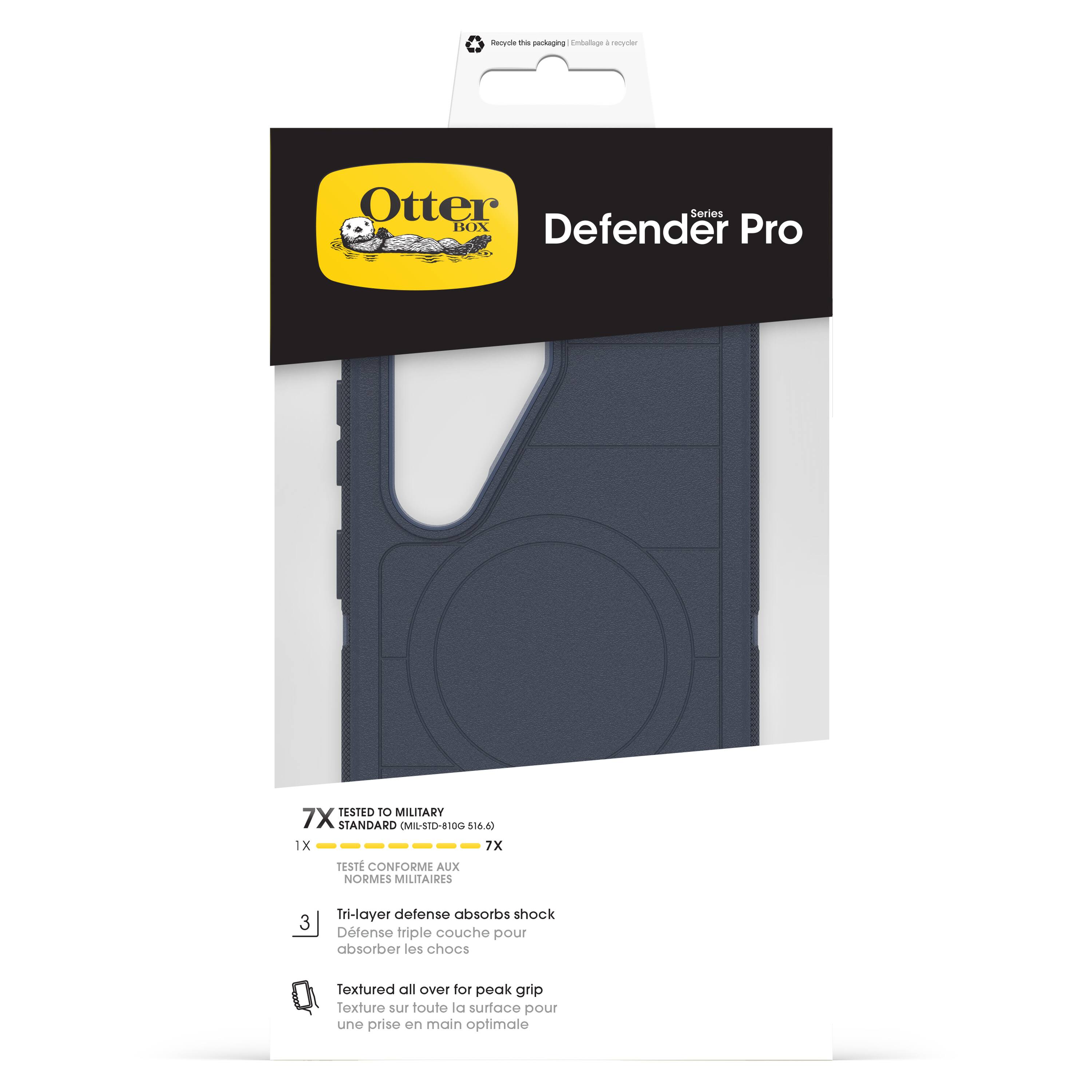 Otter Box  
Defender Pro  

7X TESTED TO MILITARY STANDARD (MIL-STD-810G 516.6)  
1X TESTE CONFORME AUX NORMES MILITAIRES  

3 Tri-layer defense absorbs shock  
Défense triple couche pour absorber les chocs  

Textured all over for peak grip  
Texture sur toute la surface pour une prise en main optimale