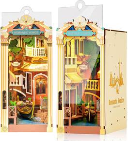 Robotime - Rolife Romantic Venice DIY Book Nook Kits for Adults 3D Wooden Puzzle-Bookshelf Insert Booknook-Miniature Kit - Brown