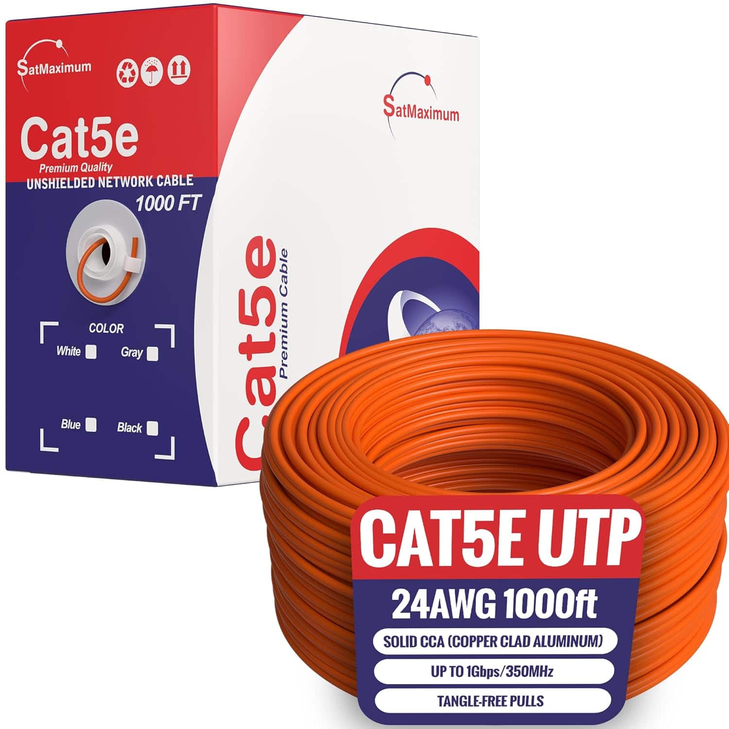 Cables Direct Online - 1000ft Cat5e Solid 24AWG Cable UTP Cat5 Bulk Pull Box Network Copper Clad Aluminum LAN Wire, Unshielded, Orange
