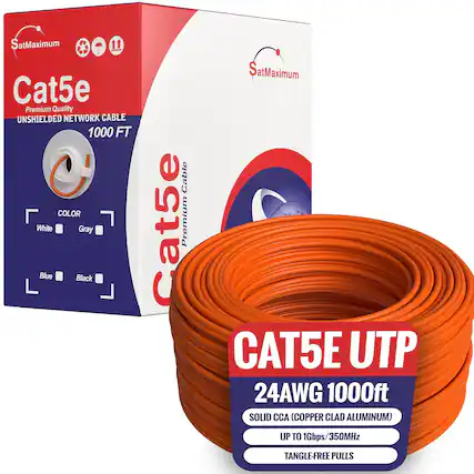 SatMaximum Cat5e Premium Quality UNSHIELDED NETWORK CABLE 1000 FT COLOR White Gray Blue Black Cable Cat5e Premium SatMaximum CAT5E UTP 24AWG 1000ft SOLID CCA (COPPER CLAD ALUMINUM) UP TO 1Gbps/350MHz TANGLE-FREE PULLS