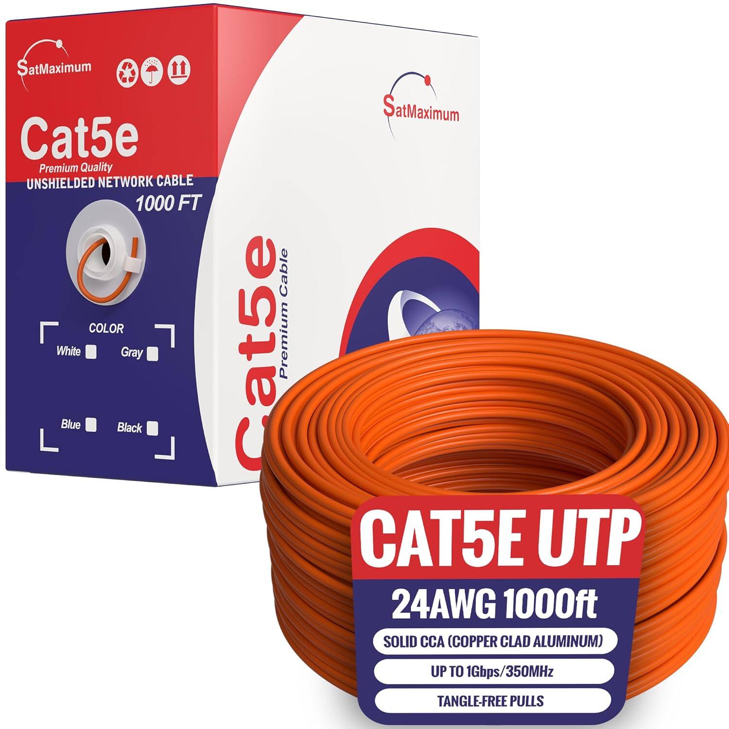 SatMaximum Cat5e Premium Quality UNSHIELDED NETWORK CABLE 1000 FT COLOR White Gray Blue Black Cable Cat5e Premium SatMaximum CAT5E UTP 24AWG 1000ft SOLID CCA (COPPER CLAD ALUMINUM) UP TO 1Gbps/350MHz TANGLE-FREE PULLS