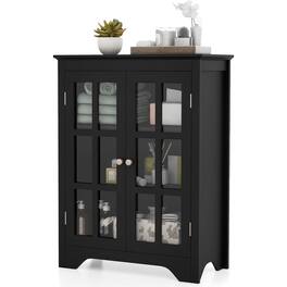 Hivvago - Bathroom Storage Linen Cabinet with Adjustable Shelves and Glass Doors - Black
