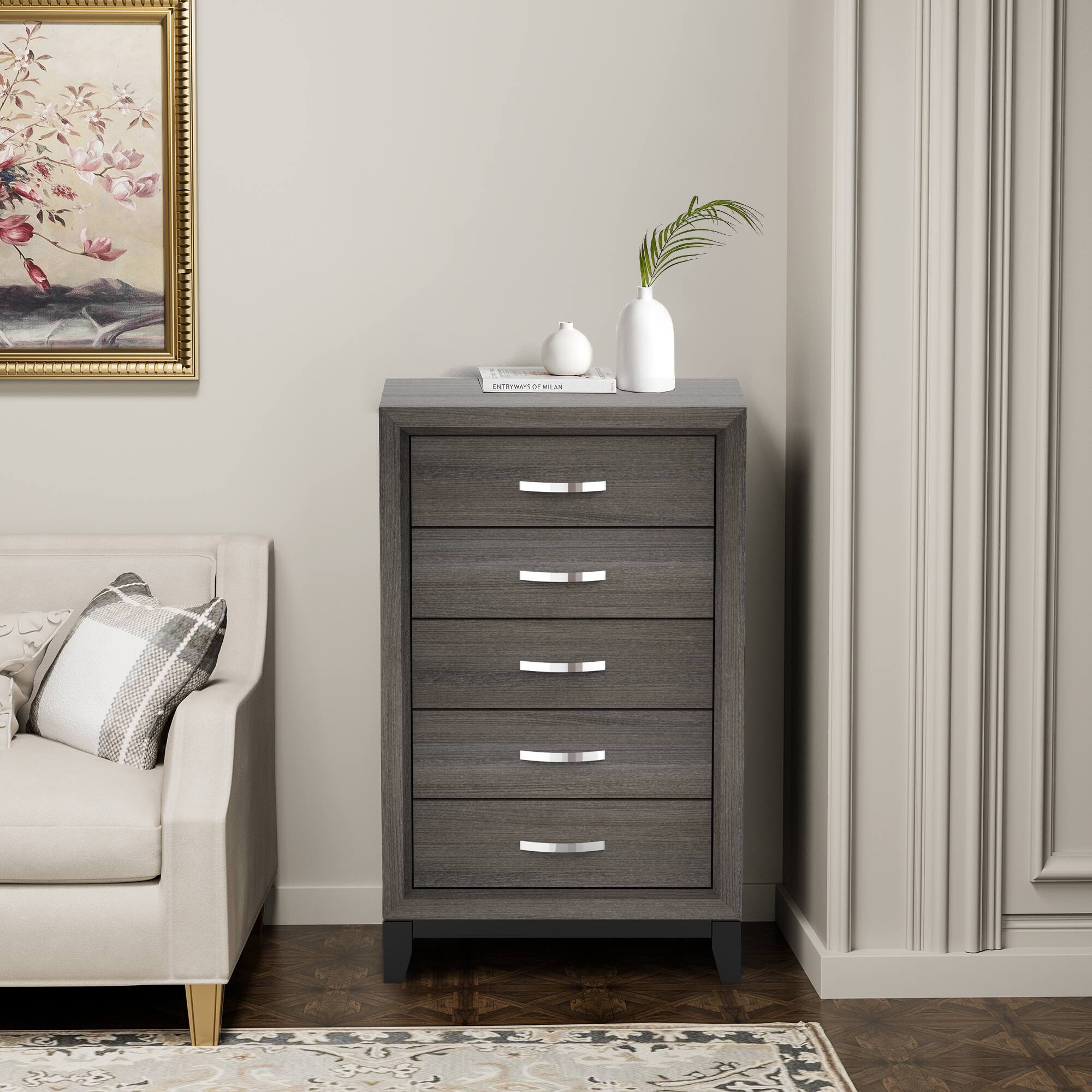 Angle. Vaczon - Sleek 5-Drawer Chest with Two-Tone Design Wooden Legs, Perfect for Bedroom or Living Room Storage - Gray.