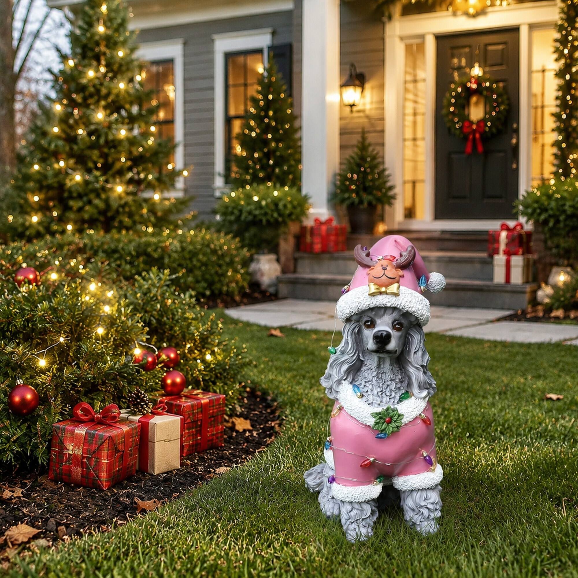 Angle. RYHNUYNE - Holiday Poodle Figurine in Pink Santa Outfit with Holly Accents for Festive Indoor Display - Grey.