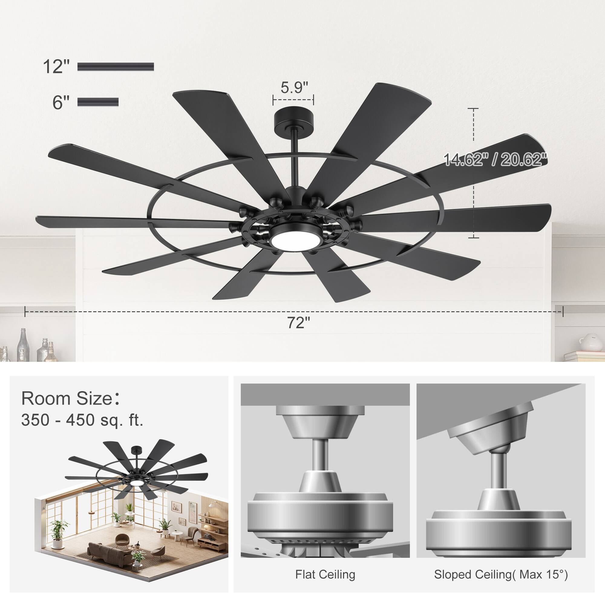12" 6" 5.9" T 14.62" / 20.62" 72"  
Room Size: 350 - 450 sq. ft.  
Flat Ceiling Sloped Ceiling (Max 15°)
