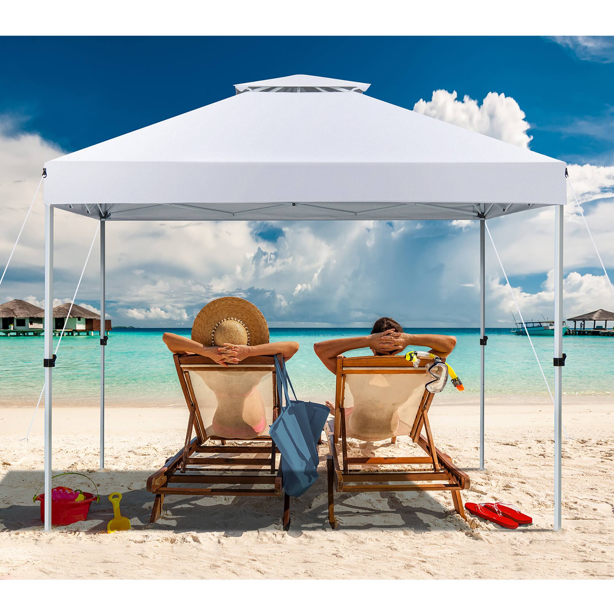 Alt View 1. Costway - Costway 2-Tier 10' x 10' Pop-up Canopy Tent Instant Gazebo Adjustable Carry Bag with Wheel - White.