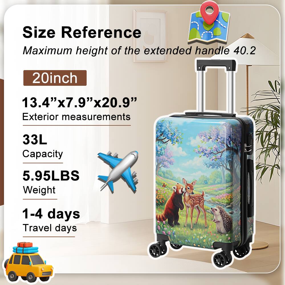 Size Reference  
Maximum height of the extended handle 40.2  
20inch  
13.4" x 7.9" x 20.9"  
Exterior measurements  
33L  
Capacity  
5.95LBS  
Weight  
1-4 days  
Travel days