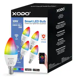 XODO - LB4 Smart Wi-Fi A19 Candelabra LED Bulbs, Dimmable, App & Voice Control (4-Pack)