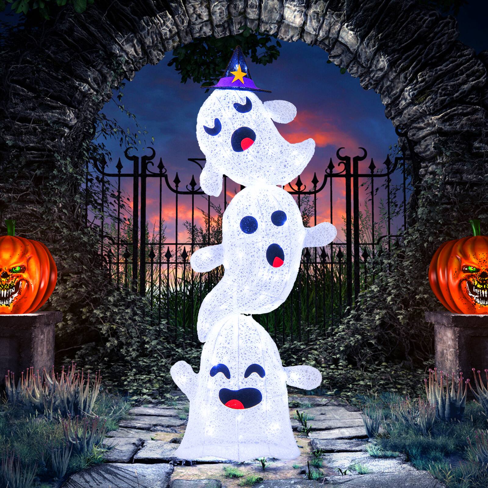 Alt View 16. Costway - 4 FT Lighted Stacked Ghosts Standing Halloween Decoration with 120 LED Lights and 4 Metal Ground Stakes - White.