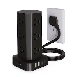 Dazzed Corner - Power Strip Tower, 6FT Cord, 12 Outlets & 4 USB (2 USB-C), Surge Protection - Black